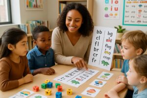 A teacher and young children sitting around a table in a classroom, using colorful educational materials to learn phonics and blend sounds to read words.
