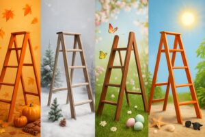 Four ladders arranged to represent the four seasons with fall leaves, winter snow, spring flowers, and summer sunshine surrounding each ladder respectively.