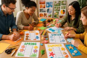 A group of people working together at a table covered with seasonal craft materials and activity sheets representing fall, winter, spring, and summer.