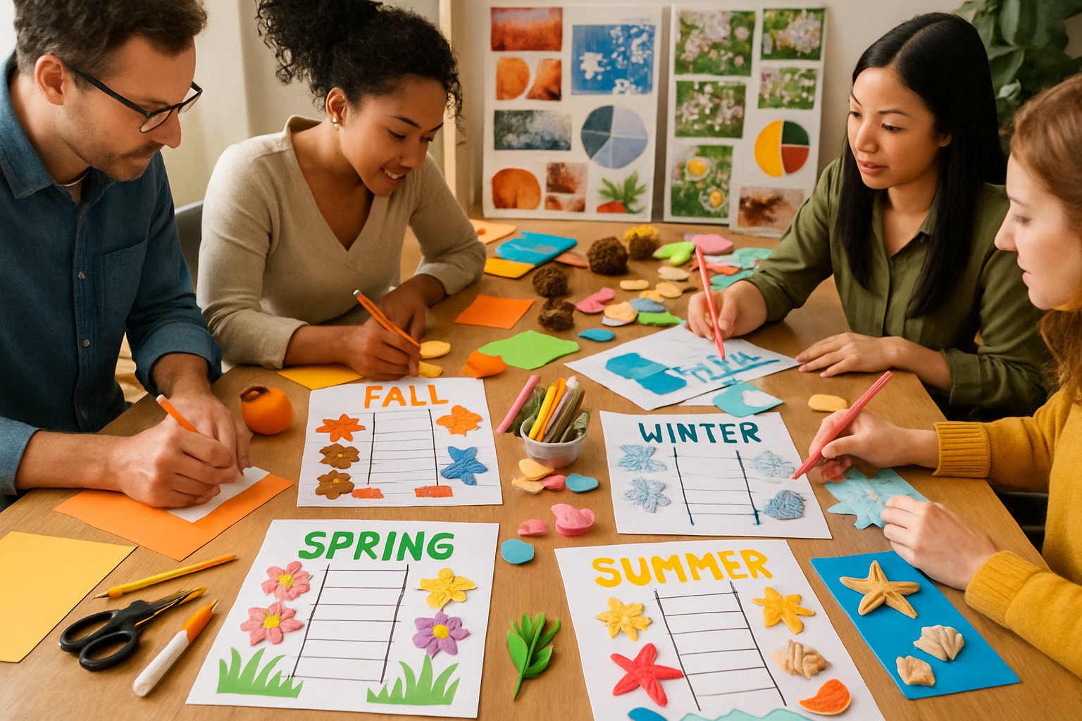 A group of people working together at a table covered with seasonal craft materials and activity sheets representing fall, winter, spring, and summer.