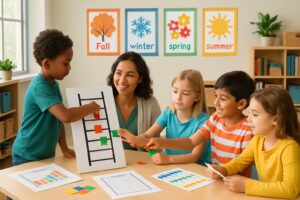 Teacher and elementary students working together on seasonal ladder activities in a classroom decorated with fall, winter, spring, and summer themes.