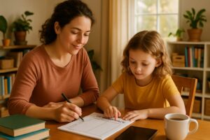 A parent and child sitting at a table in a bright home, working together on a morning routine with books and a tablet nearby.