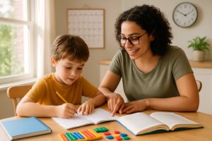 A parent and child sitting at a table in a bright room, working together on a learning activity during a homeschool morning.