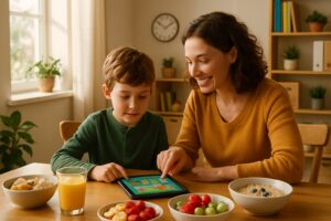 Parent and child having breakfast together at a kitchen table with educational materials nearby.