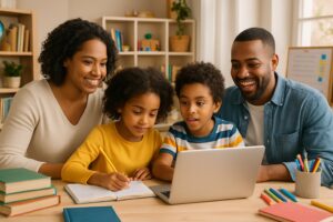 A family with two children studying together at a table in a bright, organized home classroom.