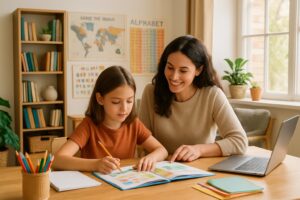 A parent and child working together on homeschooling activities at a table in a bright, cozy room filled with books and learning materials.