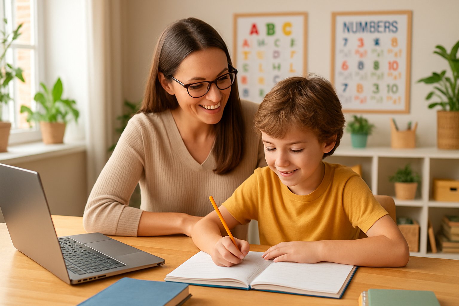 A parent and child sitting at a table with books and a laptop, working together in a bright room filled with educational materials.
