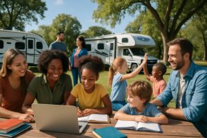 Families with children gathered outdoors near parked RVs, engaging in homeschooling activities and socializing together.