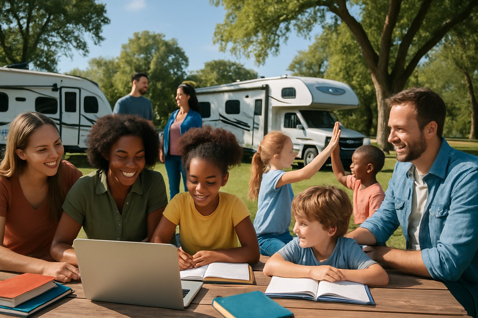 Families with children gathered outdoors near parked RVs, engaging in homeschooling activities and socializing together.