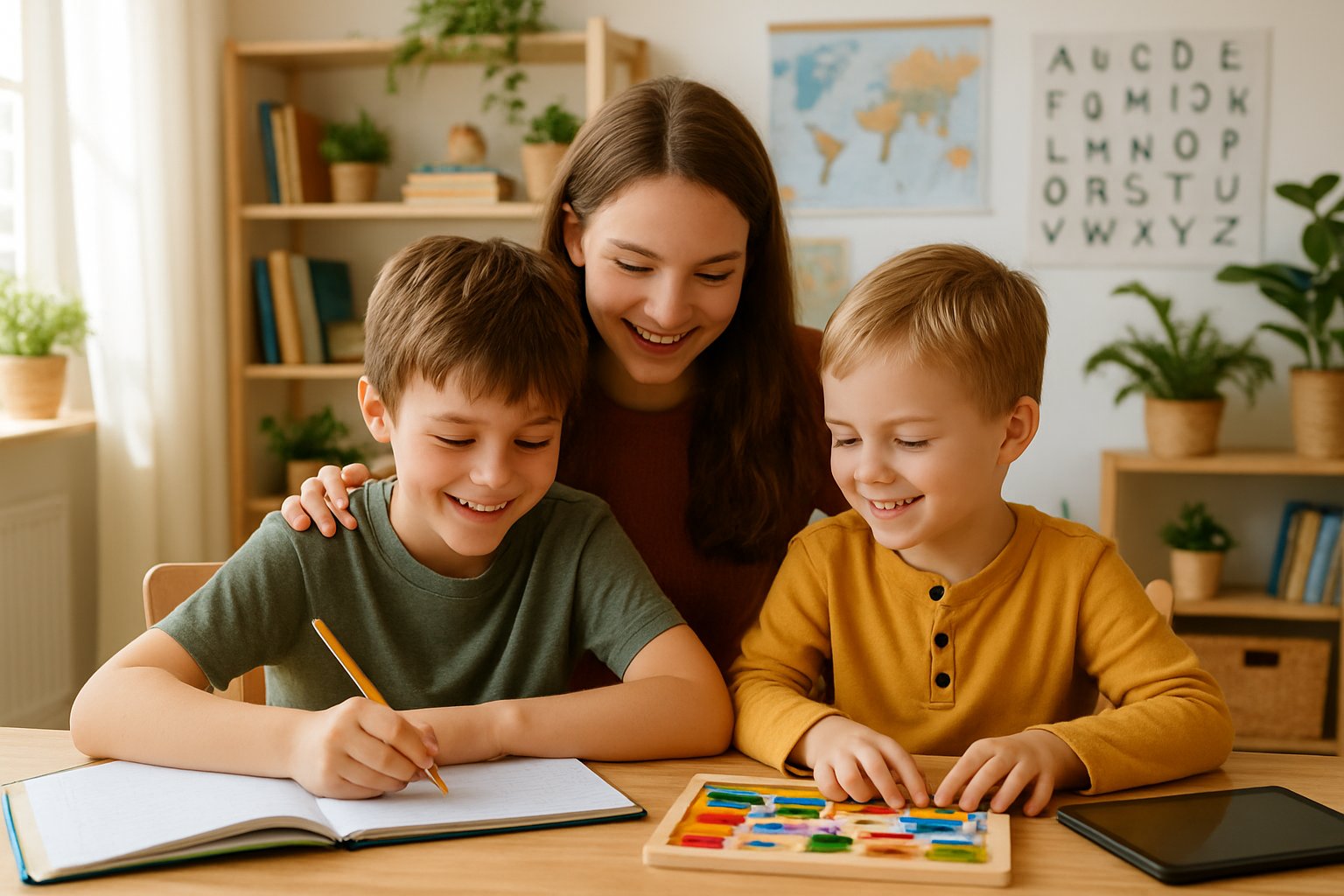 Two or three siblings learning together at a table in a bright room, with one older child helping the younger ones.