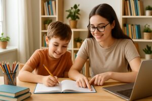Two siblings working together on schoolwork at a table in a bright room filled with books and educational materials.