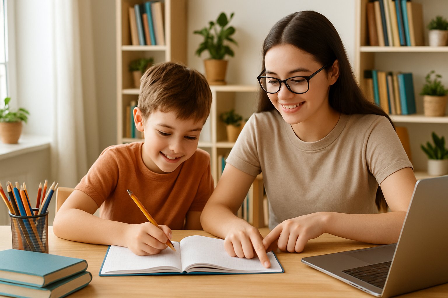 Two siblings working together on schoolwork at a table in a bright room filled with books and educational materials.