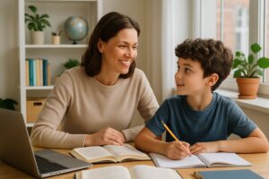 A parent and child working together at a home study table surrounded by books and educational materials.
