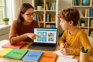 A parent and child working together at a desk with educational materials and a laptop, preparing a homeschool portfolio in a bright room.
