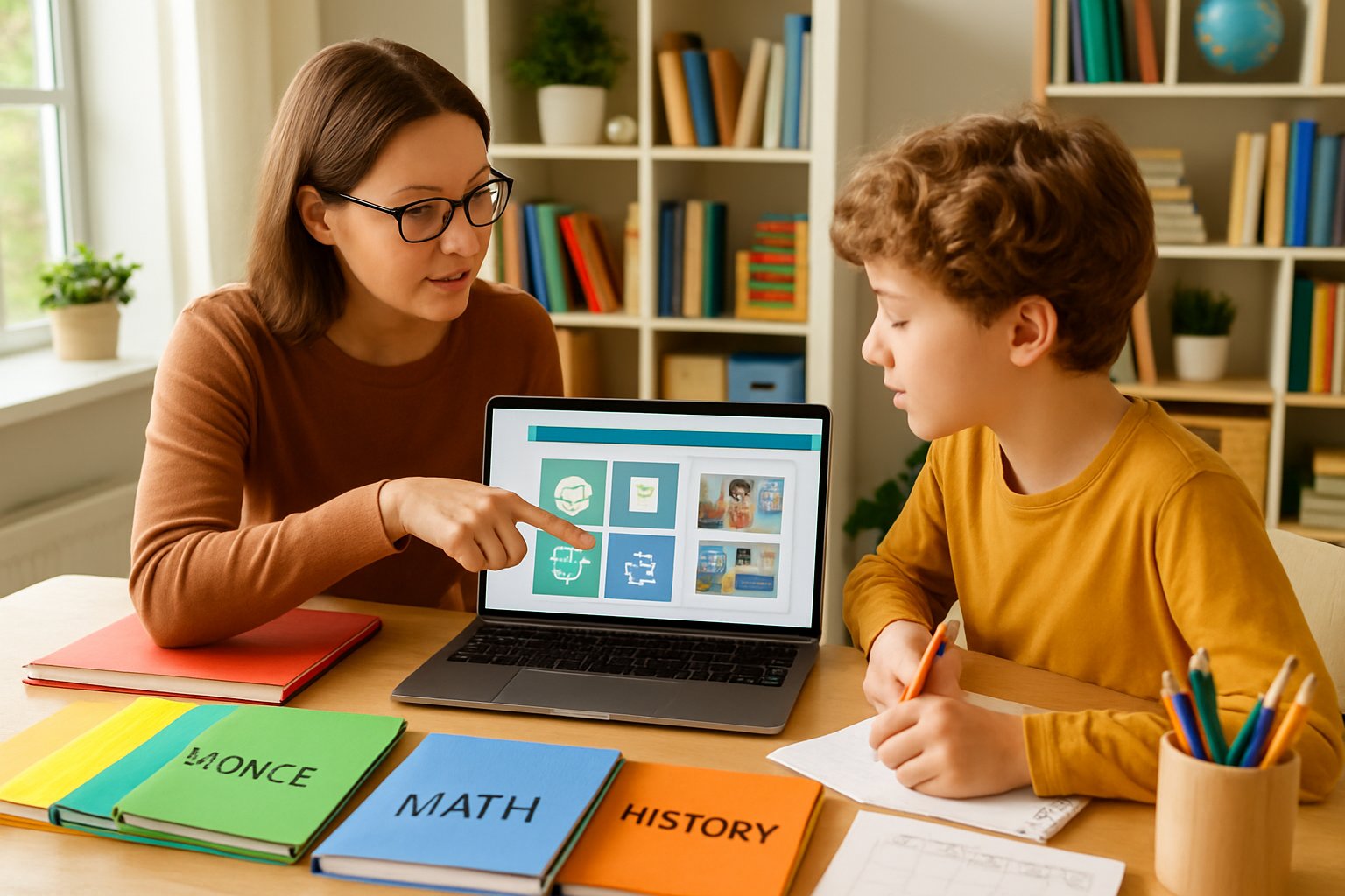A parent and child working together at a desk with educational materials and a laptop, preparing a homeschool portfolio in a bright room.