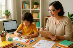 A parent and child working together at a table with educational materials, documenting homeschool activities in a bright room.