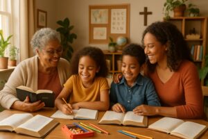 A multi-generational family gathered around a table at home, engaging in a spiritual learning activity together.