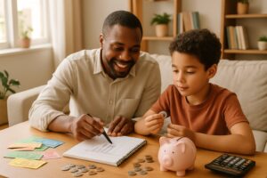 A parent and child sitting at a table at home using play money and a piggy bank to learn about money together.