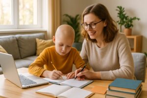 A parent and child learning together at a table in a bright, cozy living room with books and a laptop.