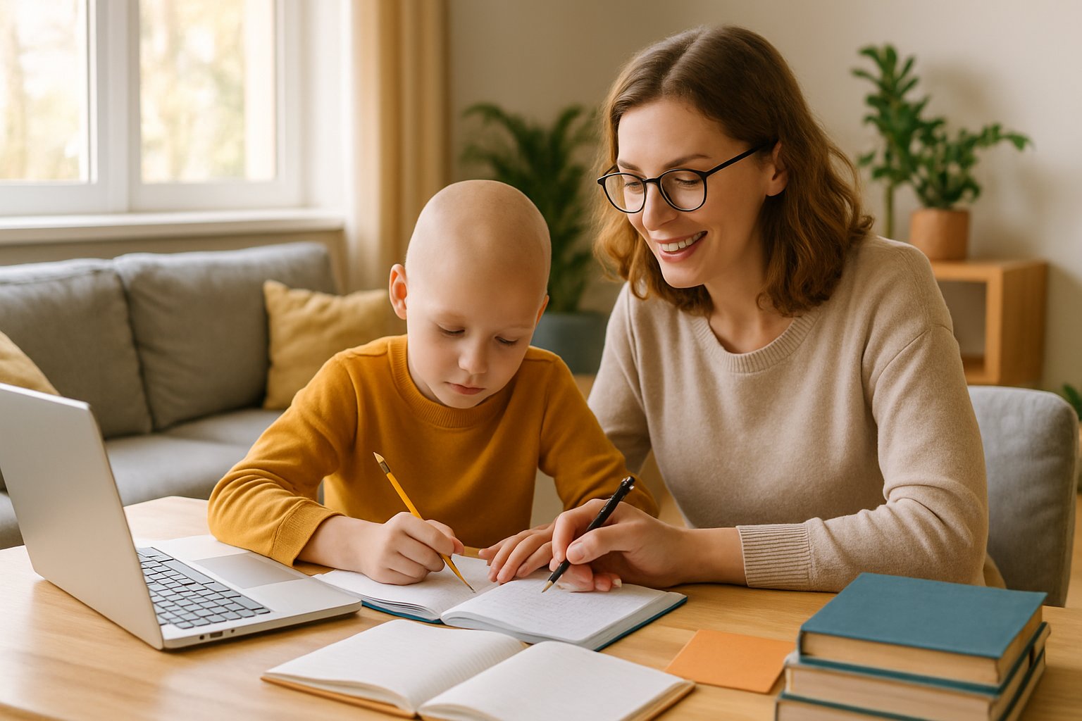 A parent and child learning together at a table in a bright, cozy living room with books and a laptop.
