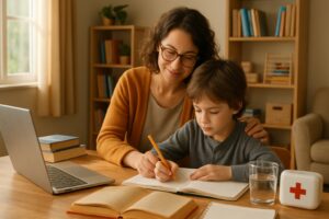A parent helping a child with schoolwork at a table in a bright room with books and a laptop nearby.