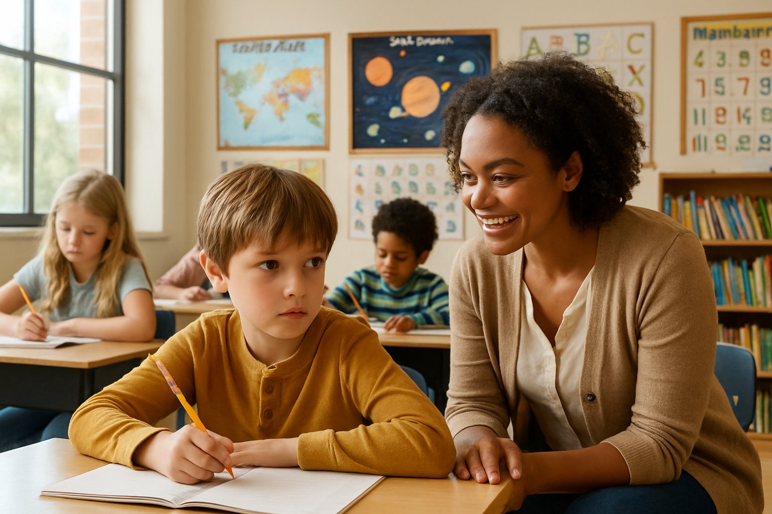 A teacher encouraging a hesitant child to write in a bright classroom with other children writing nearby.