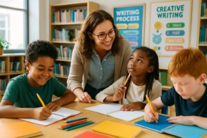 Children and a teacher working together on writing activities around a table in a bright classroom.
