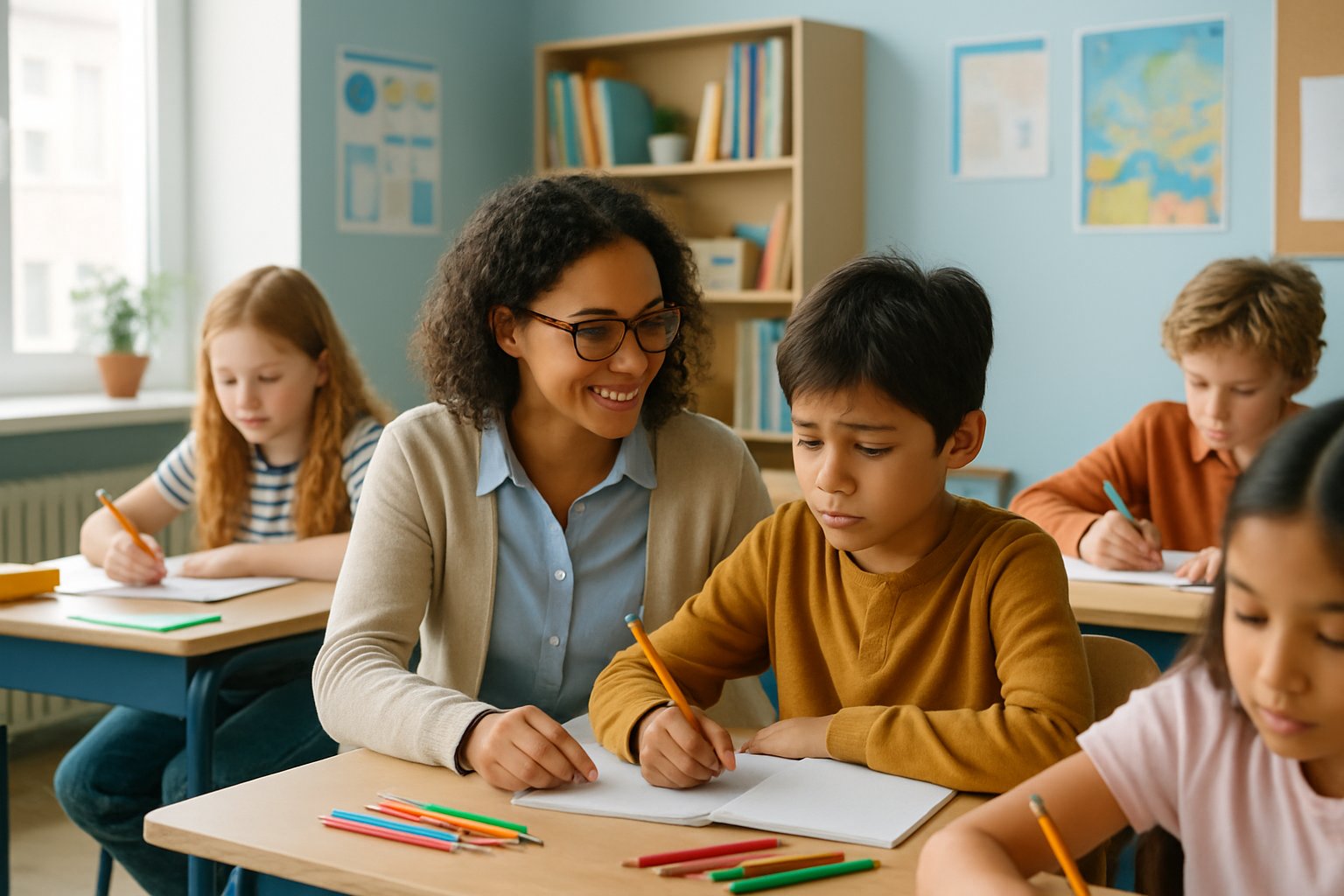 A teacher encouraging a young student with writing in a bright classroom where children are working on writing tasks.