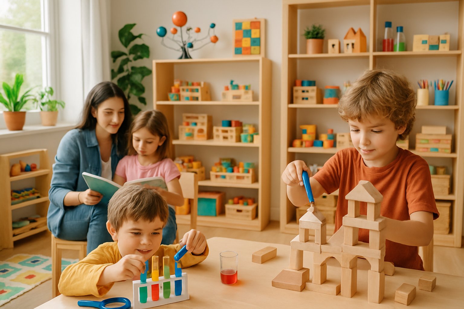 Children engaged in various play-based learning activities in a bright homeschool room with a parent assisting nearby.