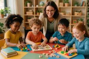 A diverse group of children playing and learning together around a table with educational toys and books, supervised by an adult in a bright homeschooling room.