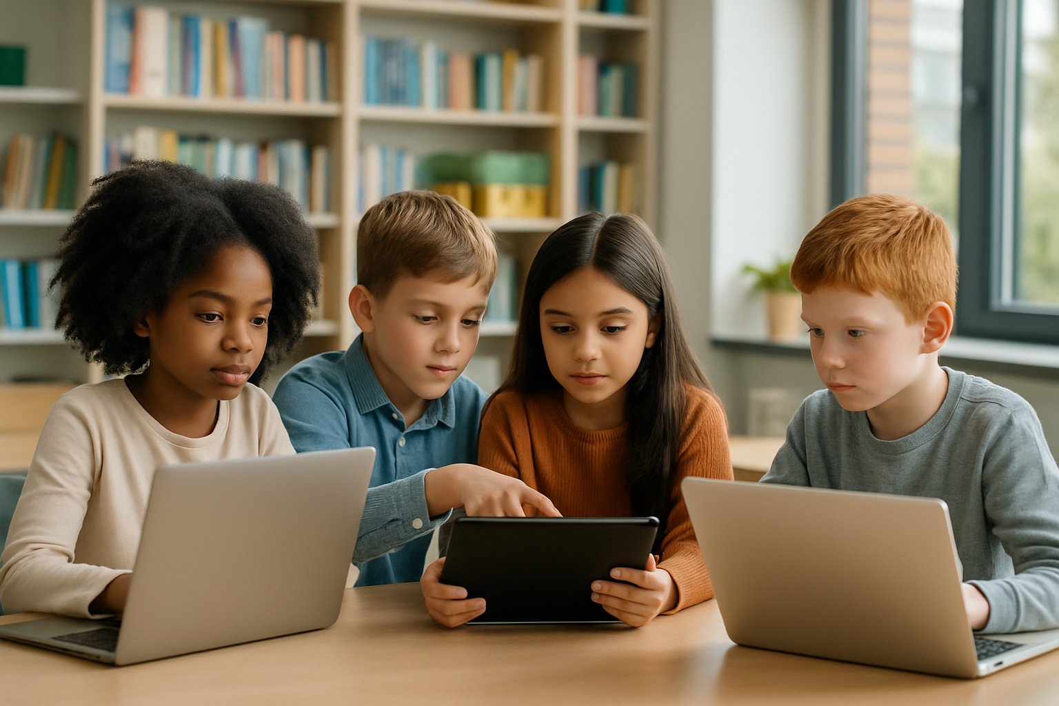 Children working together on laptops and tablets at a classroom table, engaged in online research.