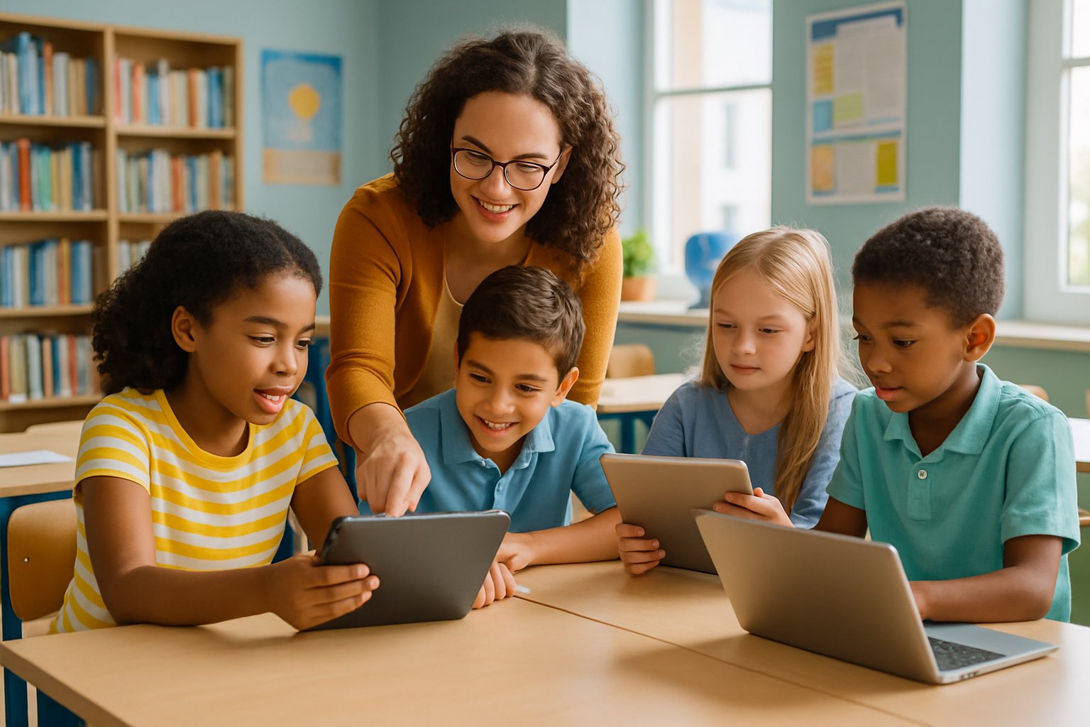 A group of children and a teacher working together around a table using tablets and laptops in a classroom.