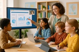 A diverse group of children using laptops and tablets in a bright room while a teacher guides them through an online learning session focused on research and critical thinking.