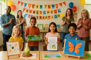 Children and family members gathered indoors, showcasing and celebrating homeschool projects and artwork in a festive environment.