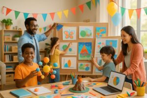 A family and children preparing decorations and projects for a year-end homeschool celebration in a bright, decorated room.