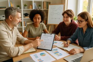 A group of people sitting around a table with charts and notebooks, planning a homeschool graduation ceremony in a home office.