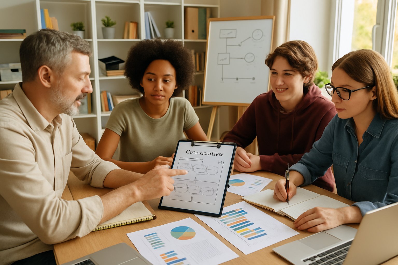 A group of people sitting around a table with charts and notebooks, planning a homeschool graduation ceremony in a home office.
