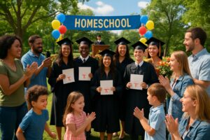 A group of homeschool graduates in caps and gowns celebrating outdoors with family and friends around a decorated stage in a sunny park.