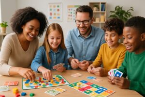 A group of children and adults playing board games and card games together around a table in a bright, inviting room.