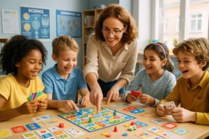 Children and a teacher playing board games and card games together around a table in a classroom.