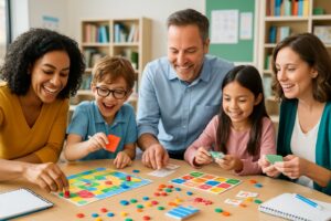 A group of adults and children playing educational board games and card games together at a table in a classroom.
