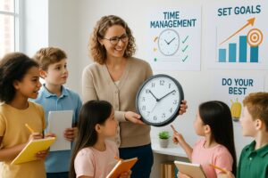 A teacher and children in a classroom learning about time management and goal setting using a clock and charts.