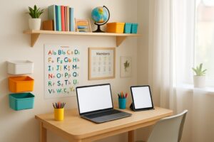 A small, organized homeschooling space with a laptop, tablet, shelves with books and bins, a chair, and natural light from a window.
