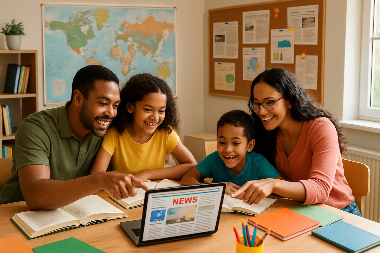 A family gathered around a table with books and a laptop, discussing current events as part of their homeschool lessons.