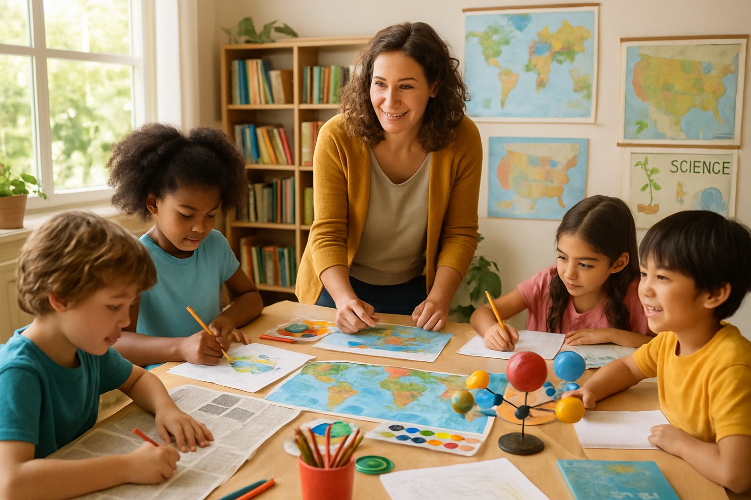A teacher and diverse children working together around a table with maps, newspapers, and art supplies in a bright homeschool classroom.