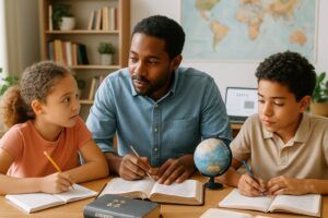 A family learning together at a table with books, a globe, and a laptop in a cozy room with a world map and bookshelf in the background.
