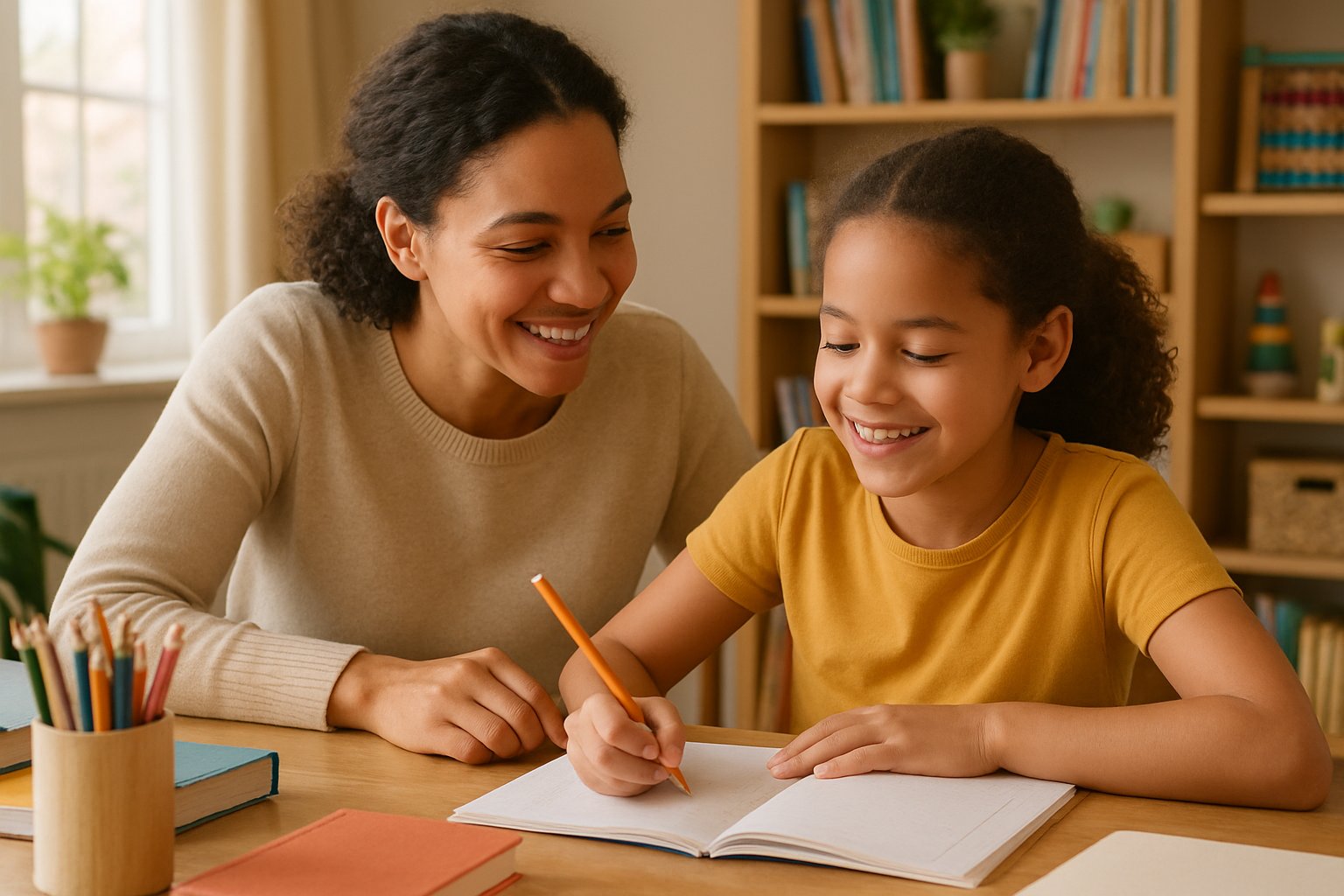 A parent and child sitting together at a table, engaged in homeschooling activities with books and pencils, sharing a warm and supportive moment.