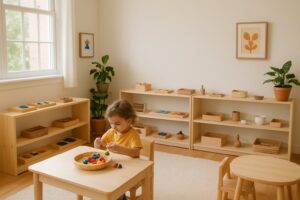 A child working with educational toys in a bright, organized homeschool classroom with wooden shelves and child-sized furniture.