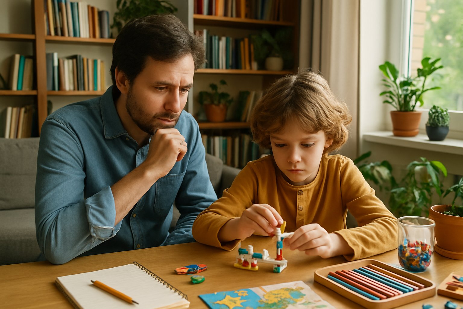 A parent and child engaged in a hands-on learning activity together in a cozy home setting with books and educational materials around them.