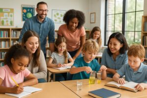 Children and parents working together in a bright classroom, participating in group learning activities in a homeschool co-op setting.